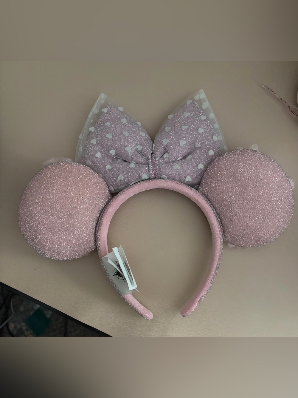 Disney Parks Pink Sparkle Minnie Mouse Ears Headband with Floral & Hearts Bow - Picture 7 of 12